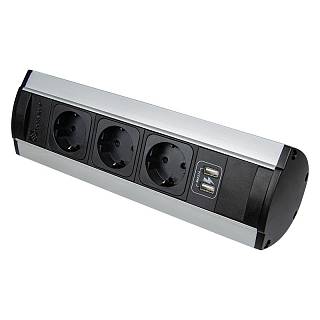 VersaTOP Розетковий блок настільний,  3 розетки + 2USB порту (5В,  2, 1А),  110-220В,  16А,  IP20,  срібло